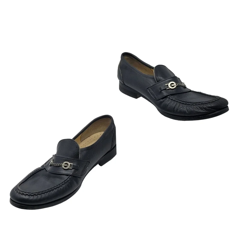 Womens Tifosi Design Black Leather Loafers Chain Detail 41‎ Wide Comfort Slip On